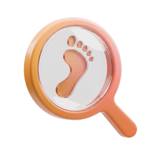 Magnifying glass with a brown footprint inside on a white background.