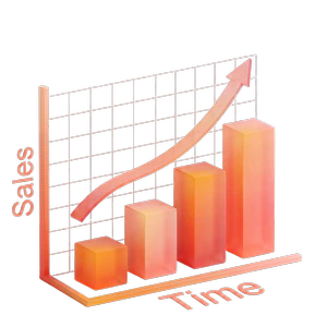 3D bar chart showing increasing sales over time with a rising arrow on a grid background.
