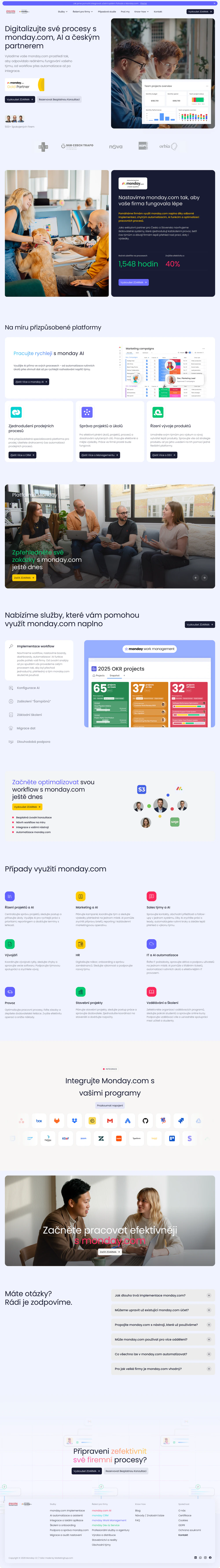 Homepage of monday.com in Czech showing AI features and team collaboration with charts and task management.