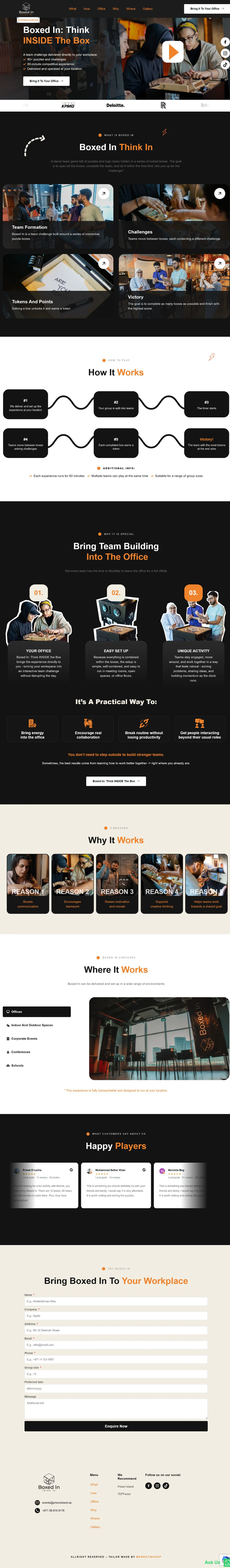 Website homepage showing team building activities, process steps, benefits, reasons, and testimonials.