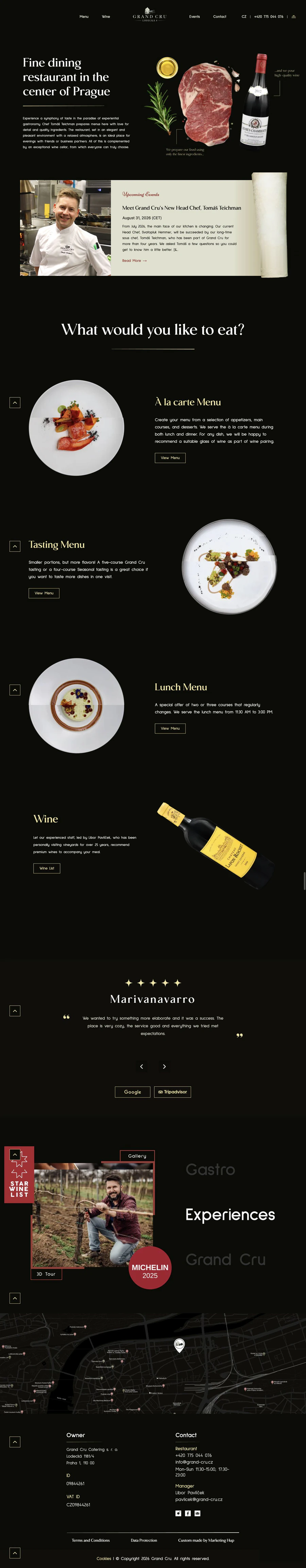 Grand Cru Prague homepage with fine dining menu, chef photo, wine bottles, and Michelin 2025 badge.