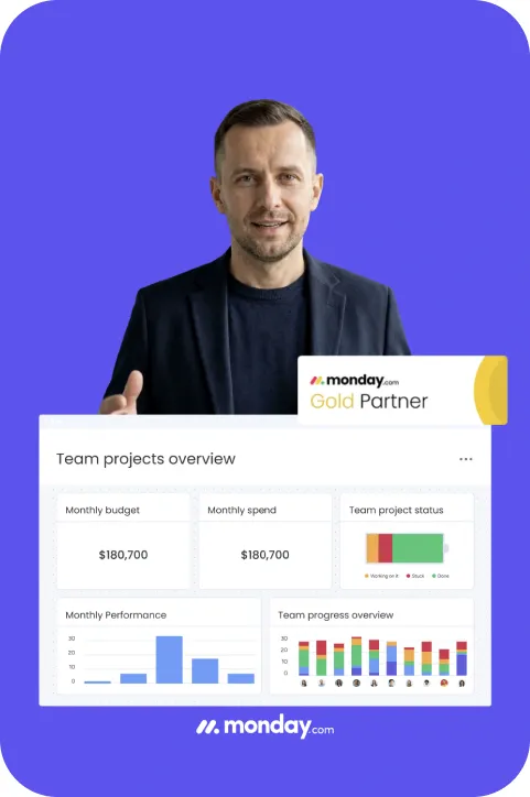 Campaign performance dashboard with spokesperson on a violet background