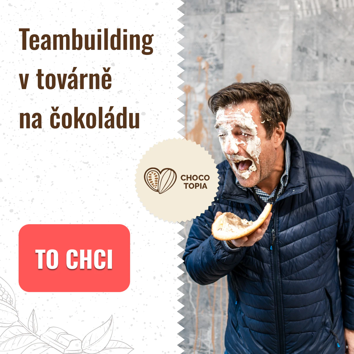ChocoTopia teambuilding promotional graphic with a participant covered in cream