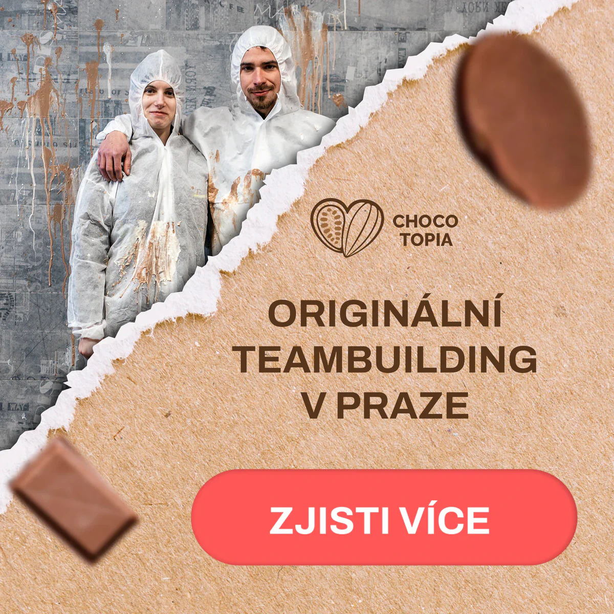 ChocoTopia original teambuilding in Prague promotional graphic with participants in protective suits