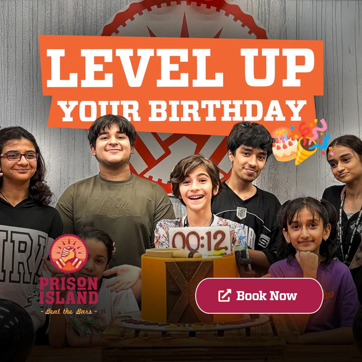 Prison Island birthday party promotional graphic with children celebrating around a game box