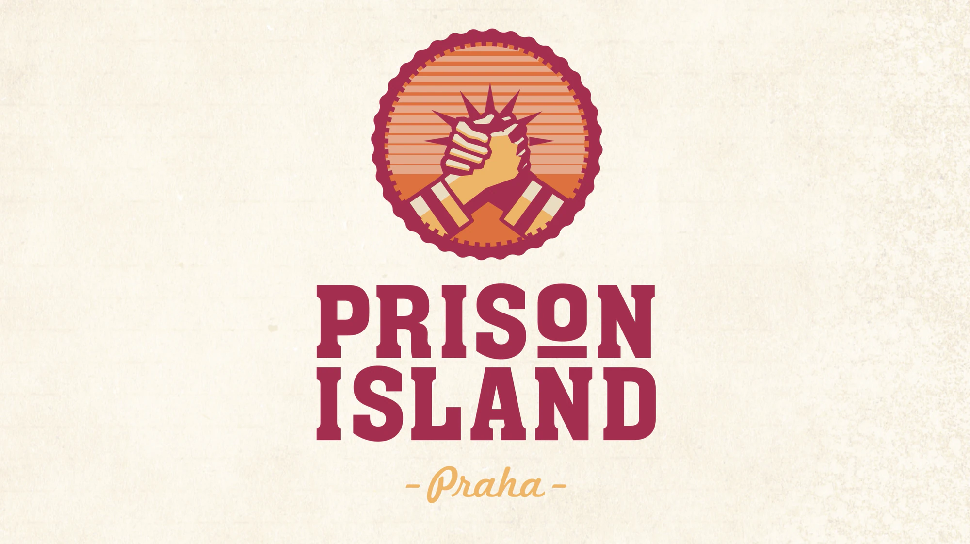 Prison Island Praha logo with handshake emblem on a textured background