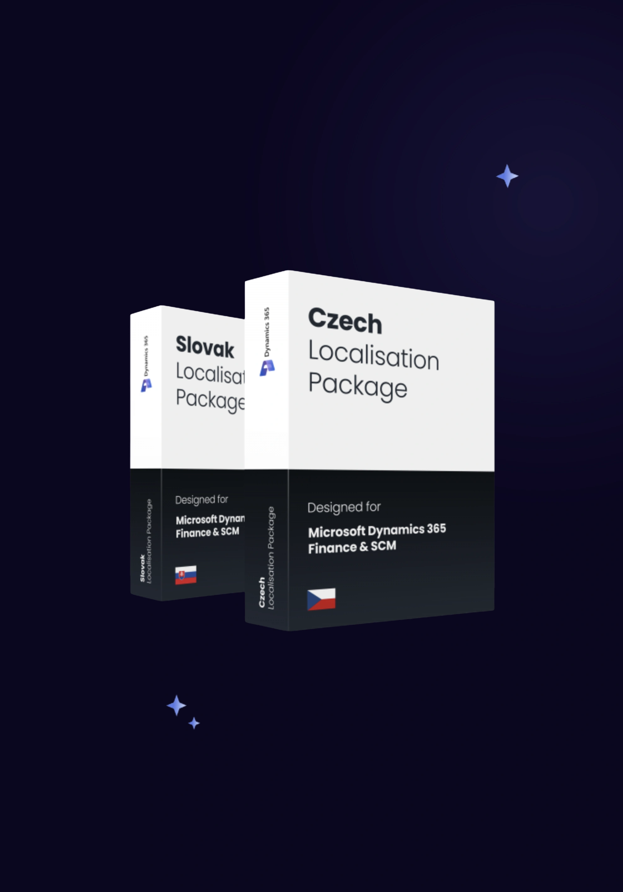 Promotional graphic for Czech and Slovak Dynamics 365 localization with consultant using laptop