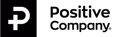 Logo de Positive Company avec un P stylisé et une croix blanche sur fond noir.