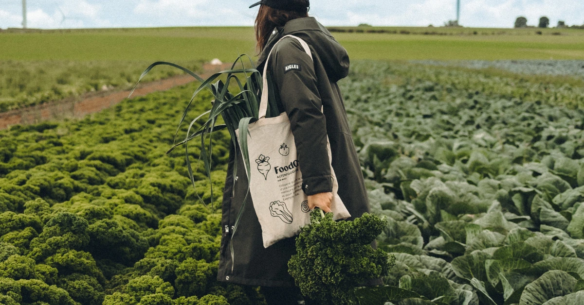 Personne dans un champ tenant des légumes verts avec un tote bag sur l'épaule.