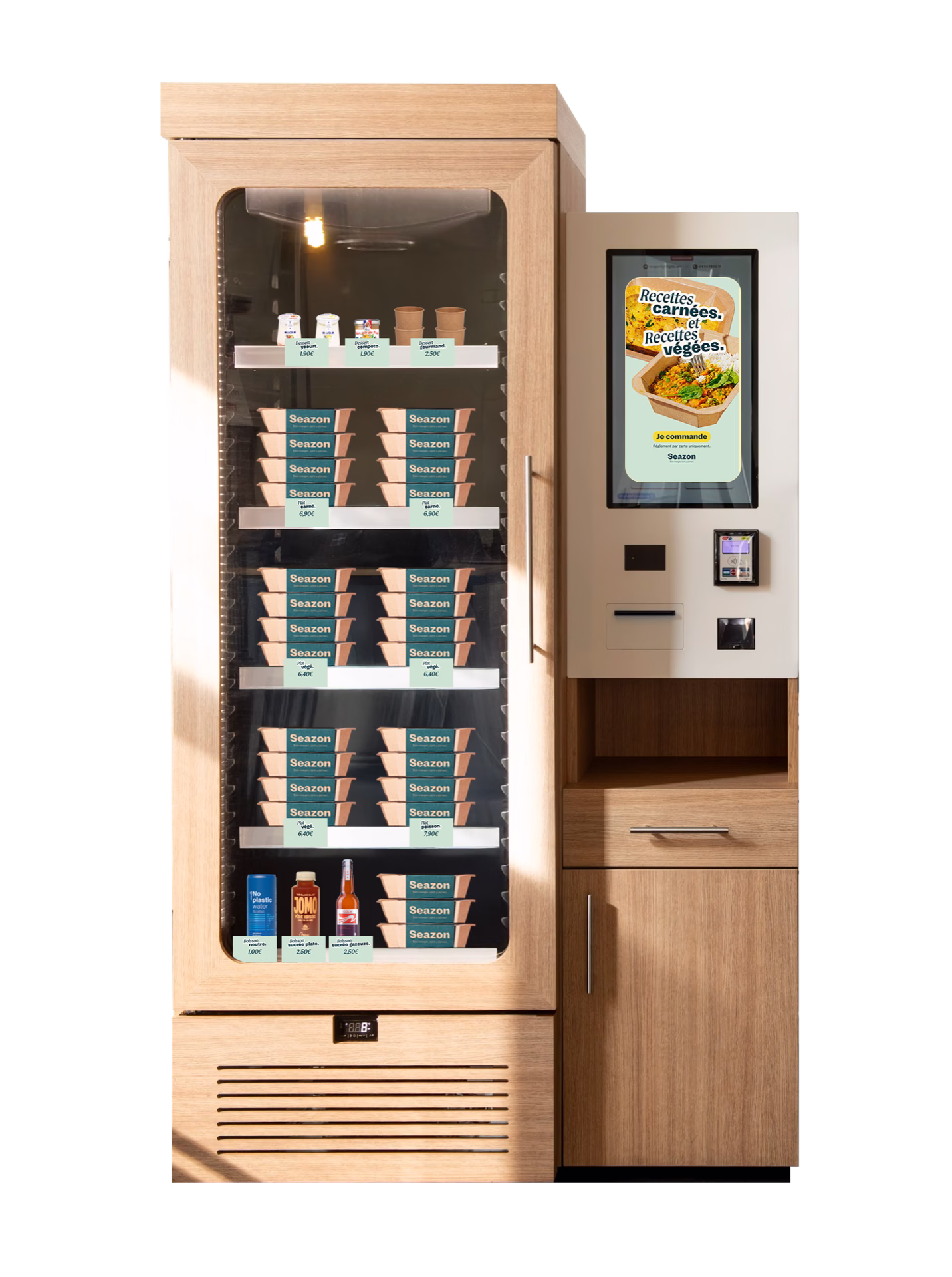 Distributeur de repas frais et boissons avec écran tactile et compartiment réfrigéré en bois clair.