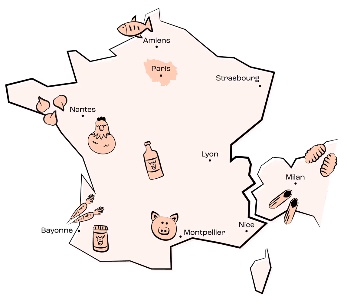 Carte de France et Italie avec icônes alimentaires régionales comme poisson, poulet, carottes, porc, pâtes.