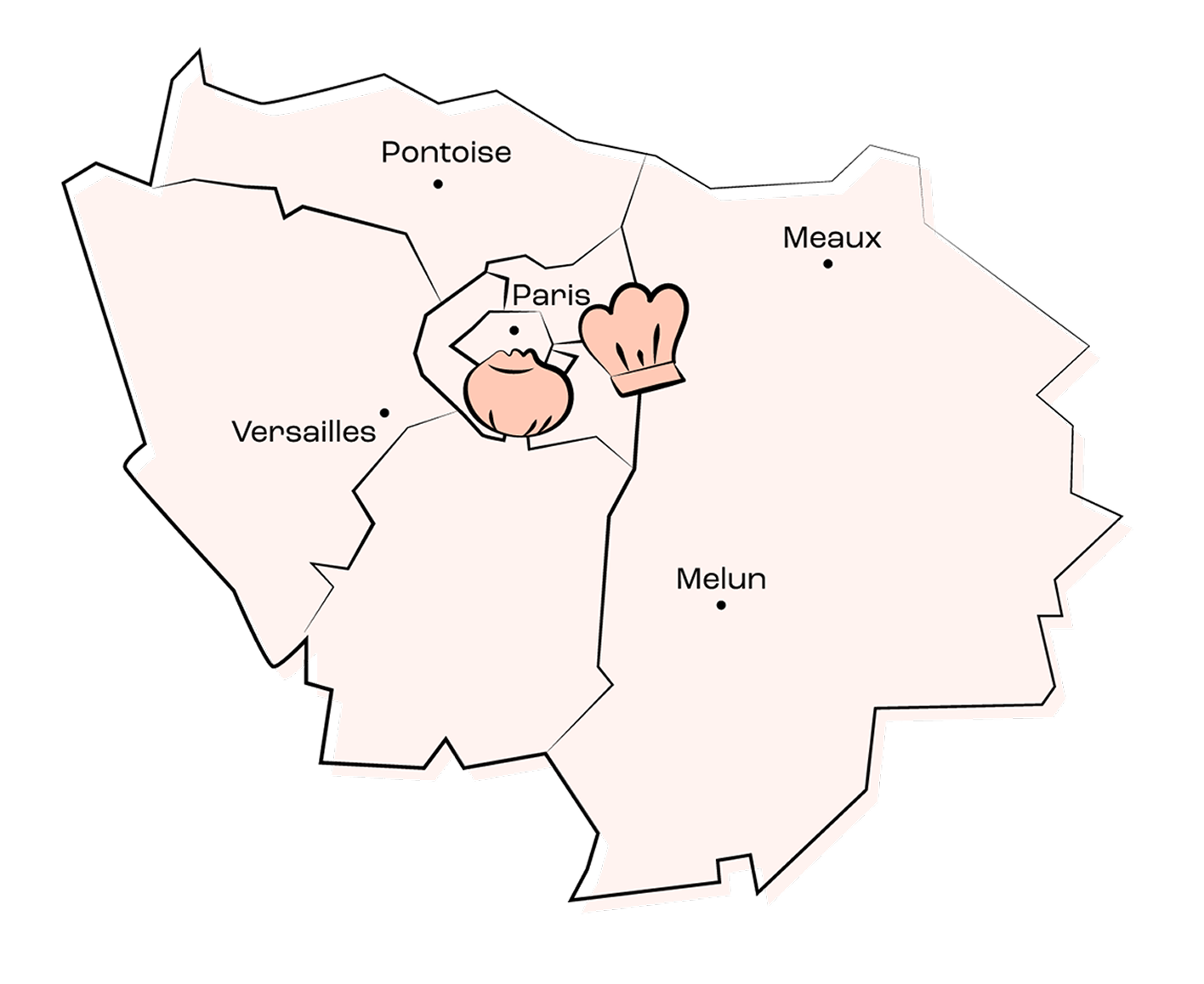 Carte de la région parisienne avec icônes de cuisine près de Paris indiquant gastronomie.
