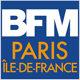 Logo BFM Paris Île-de-France avec texte en blanc et orange sur fond bleu