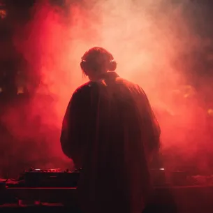 DJ wearing headphones performing amid red stage fog and lighting.