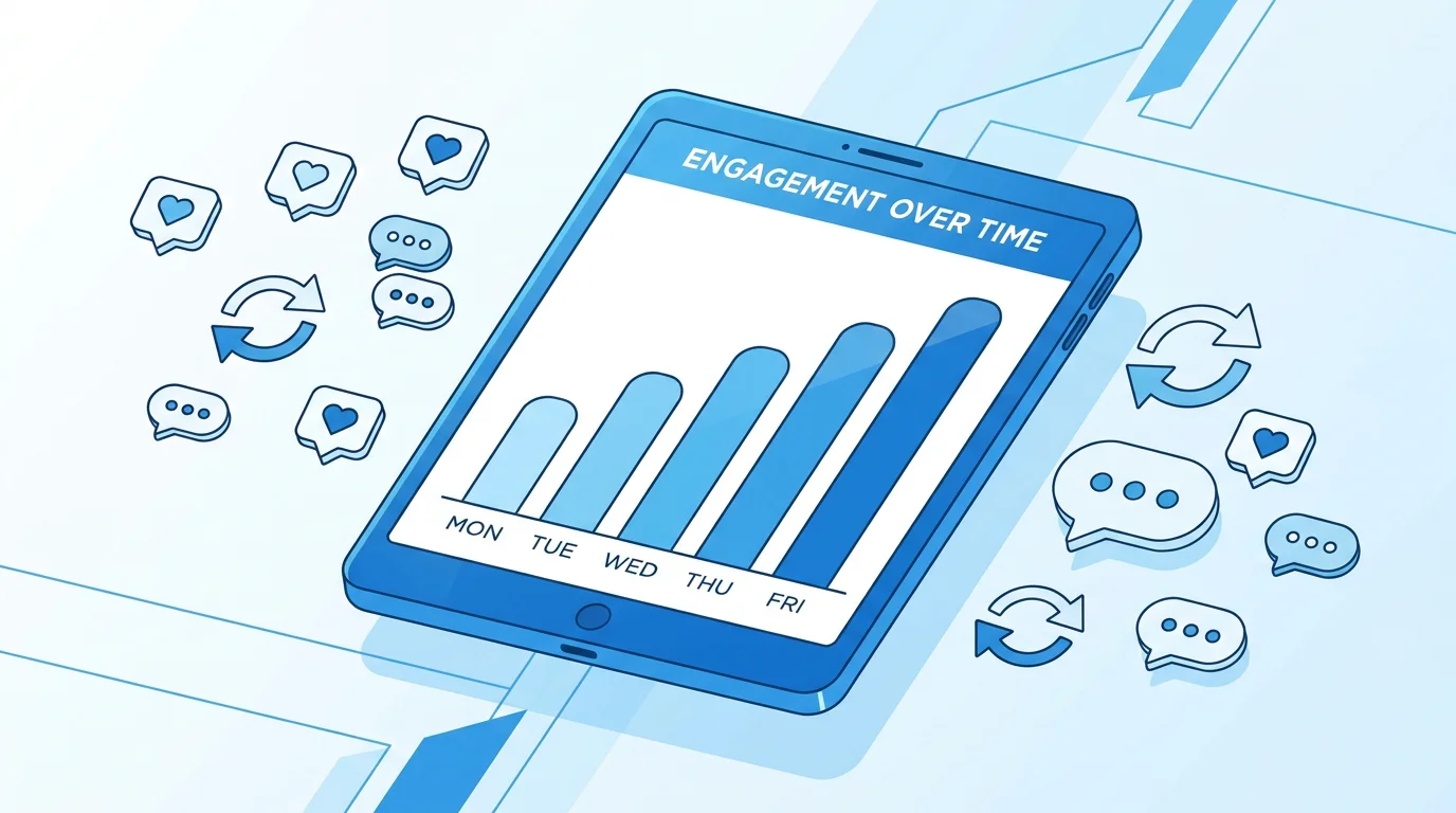 Tablet displaying a rising follower growth chart with social media engagement icons