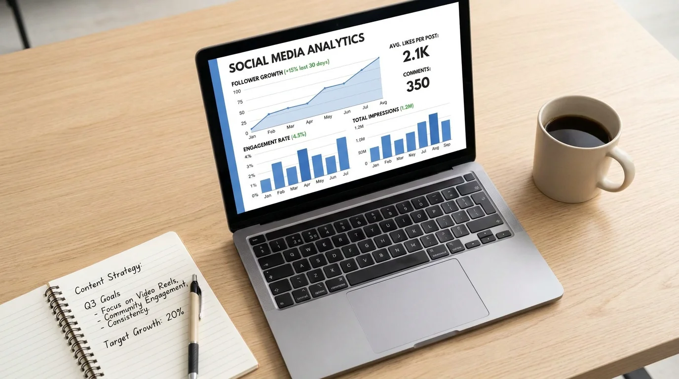 Professional workspace with a laptop displaying social media follower growth analytics