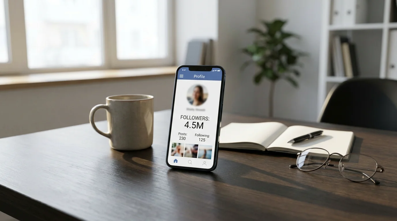 Smartphone on a desk showing a social media profile with a high follower count