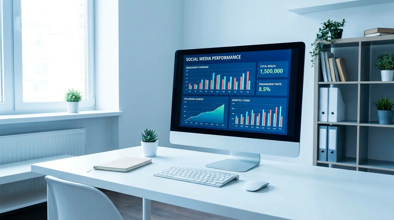 Modern workspace with a monitor displaying social media analytics and engagement data