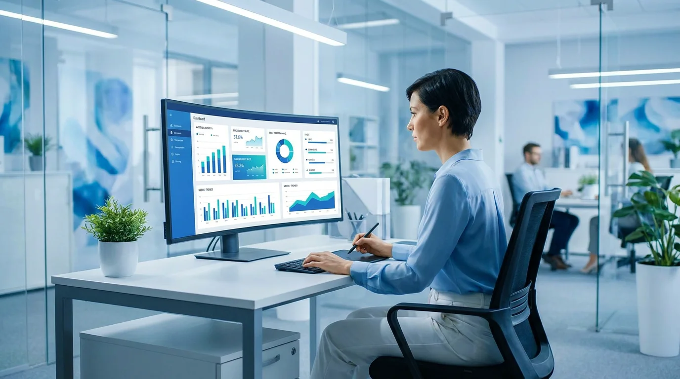 Professional analyzing Twitter analytics data on a monitor with engagement charts