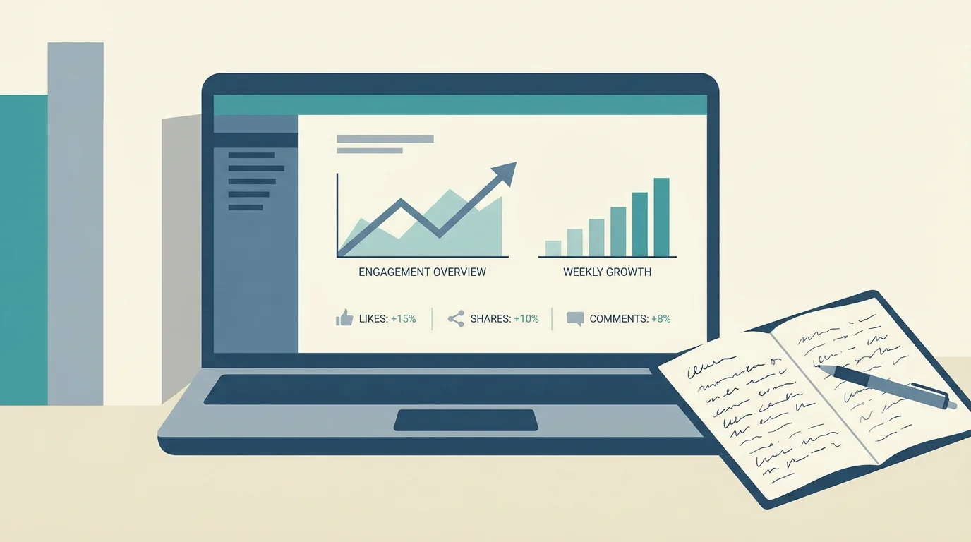 Social media analytics dashboard on a laptop showing engagement metrics and growth charts
