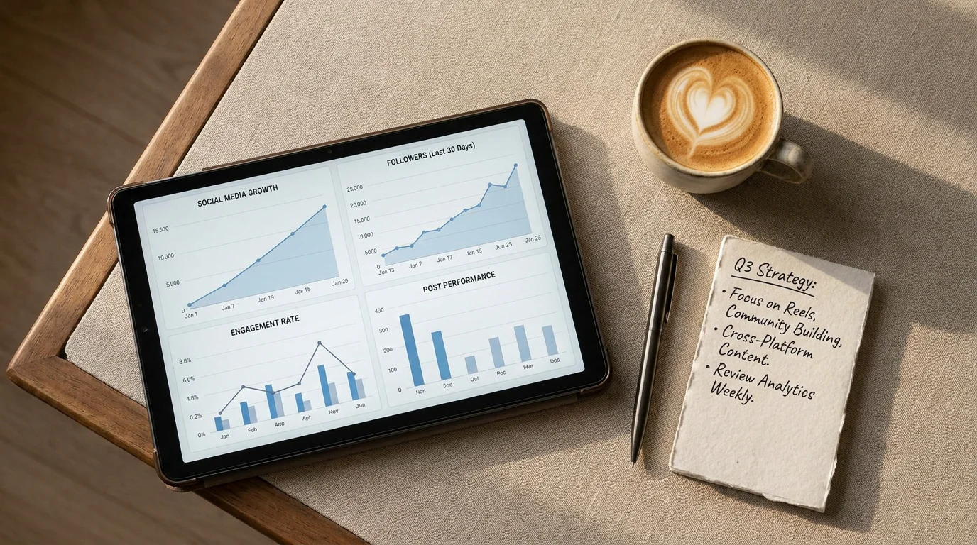 Tablet on a desk displaying social media growth analytics with strategy notes