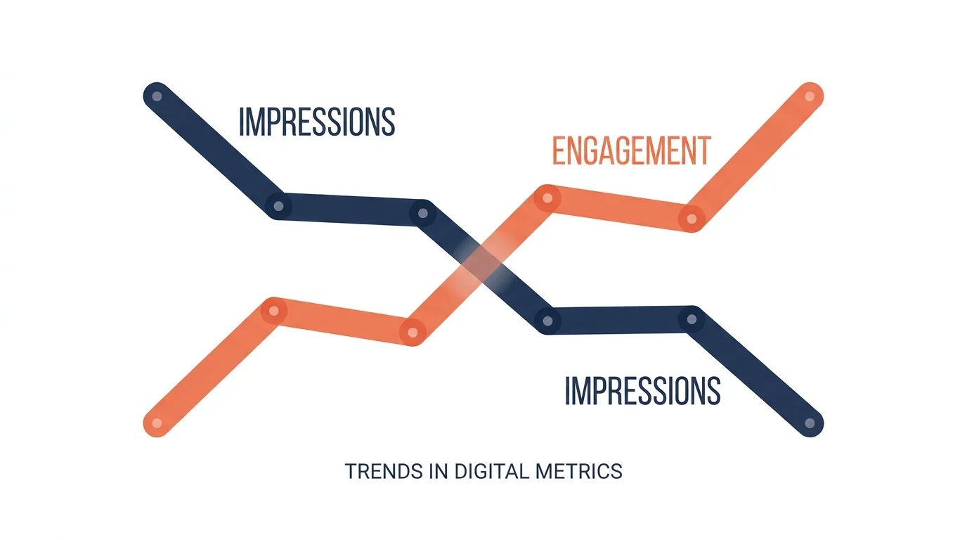 Trend chart showing declining impressions and rising engagement on X in 2025 and 2026