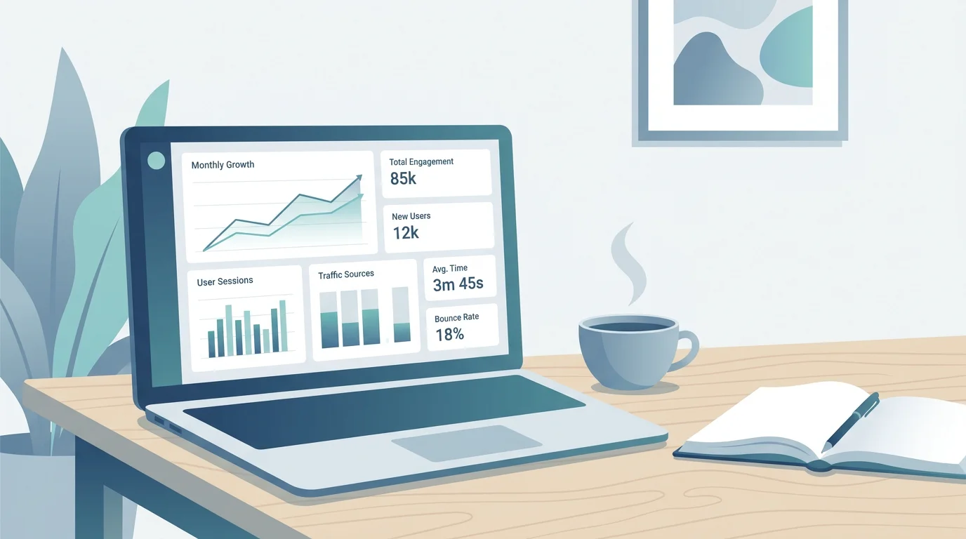Analytics dashboard on a laptop showing engagement metrics and growth charts
