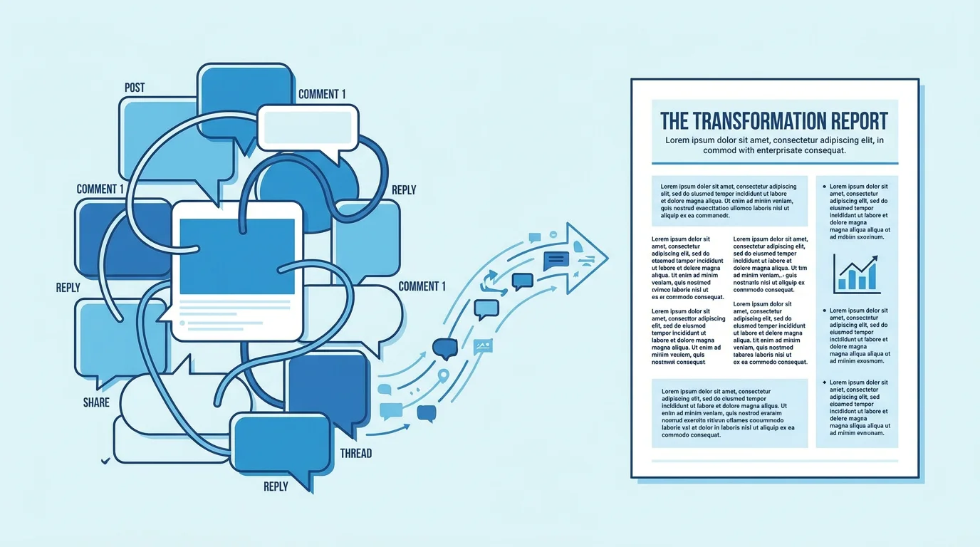 Illustration of a social media thread being unrolled into a clean readable article