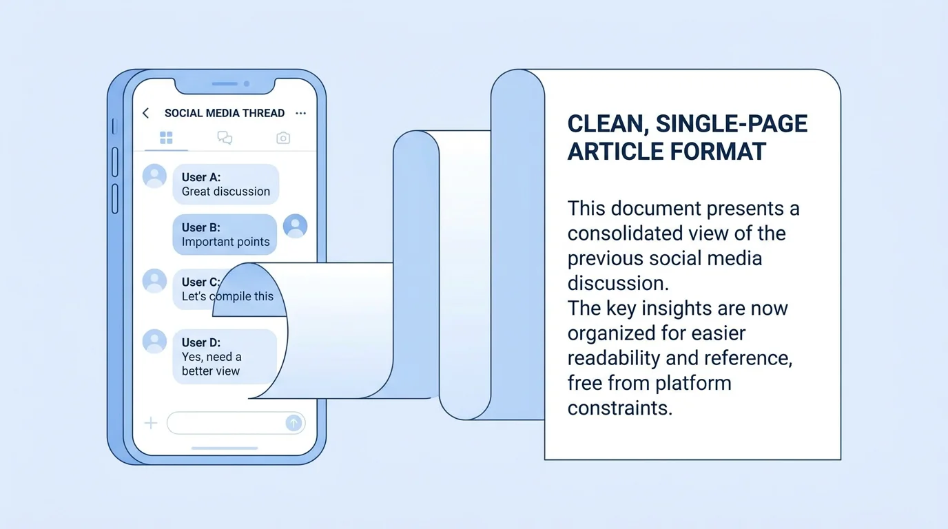 Illustration of an X thread being unrolled into a single readable article on a smartphone