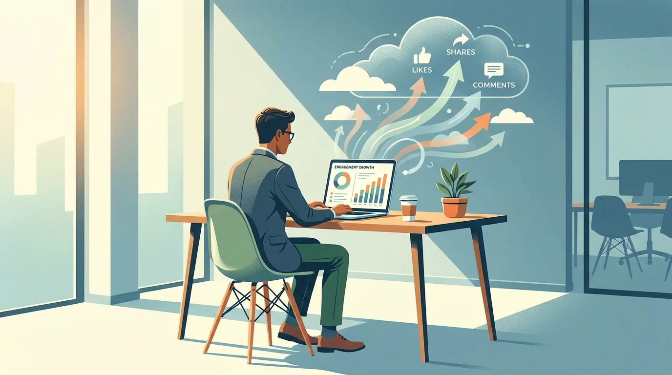 Content creator reviewing social media thread engagement analytics on a laptop