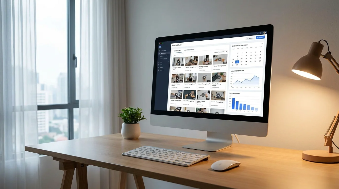 Modern workspace with video content management dashboard displayed on a large monitor