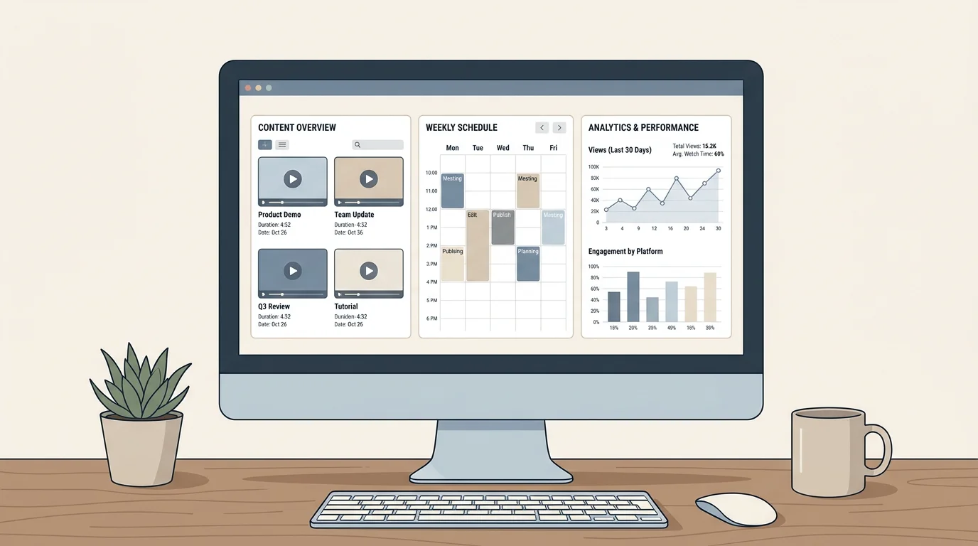 Professional dashboard interface showing video management tools with scheduling and analytics panels