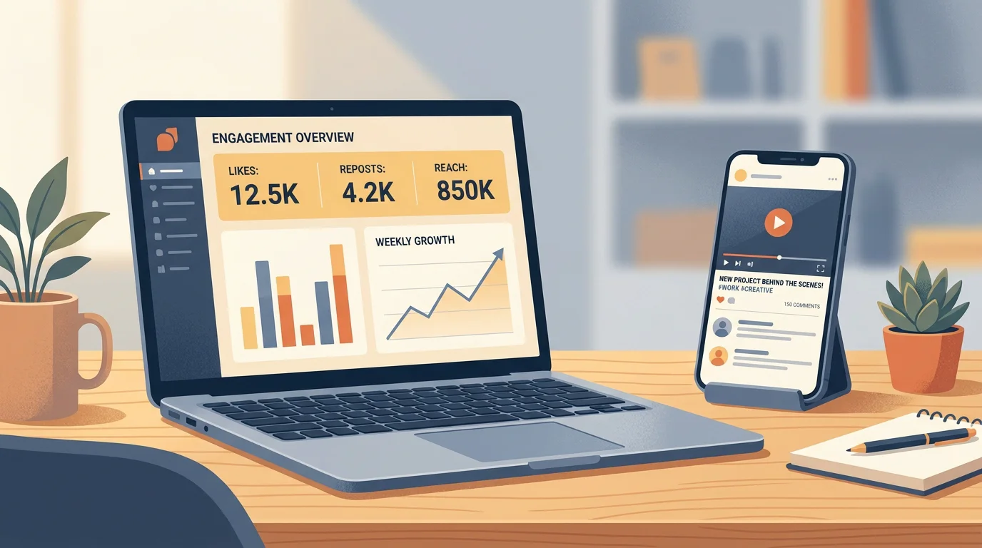 Professional workspace showing social media engagement analytics on laptop and video content on smartphone