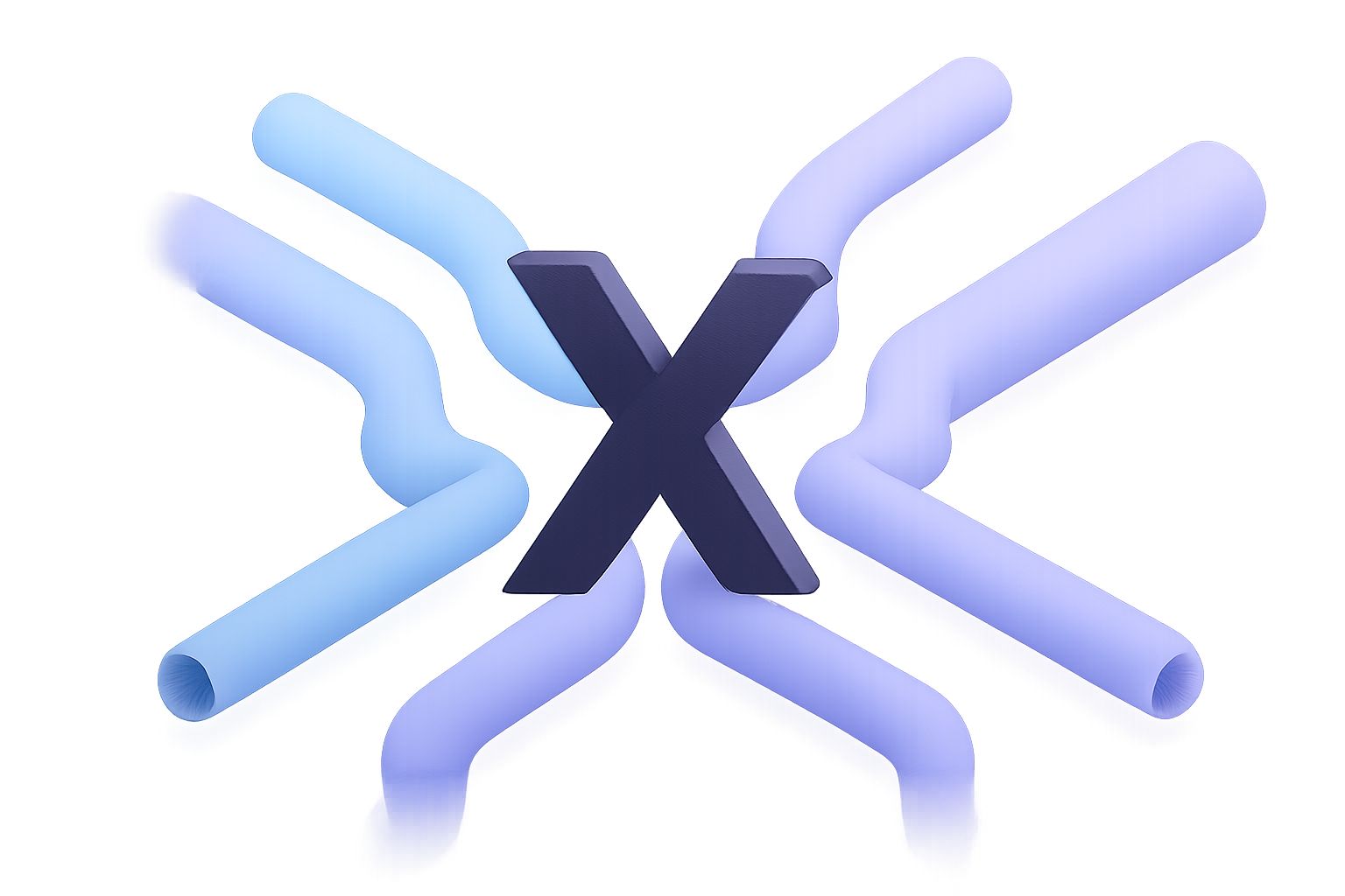 X logo with six revenue stream pipes flowing inward