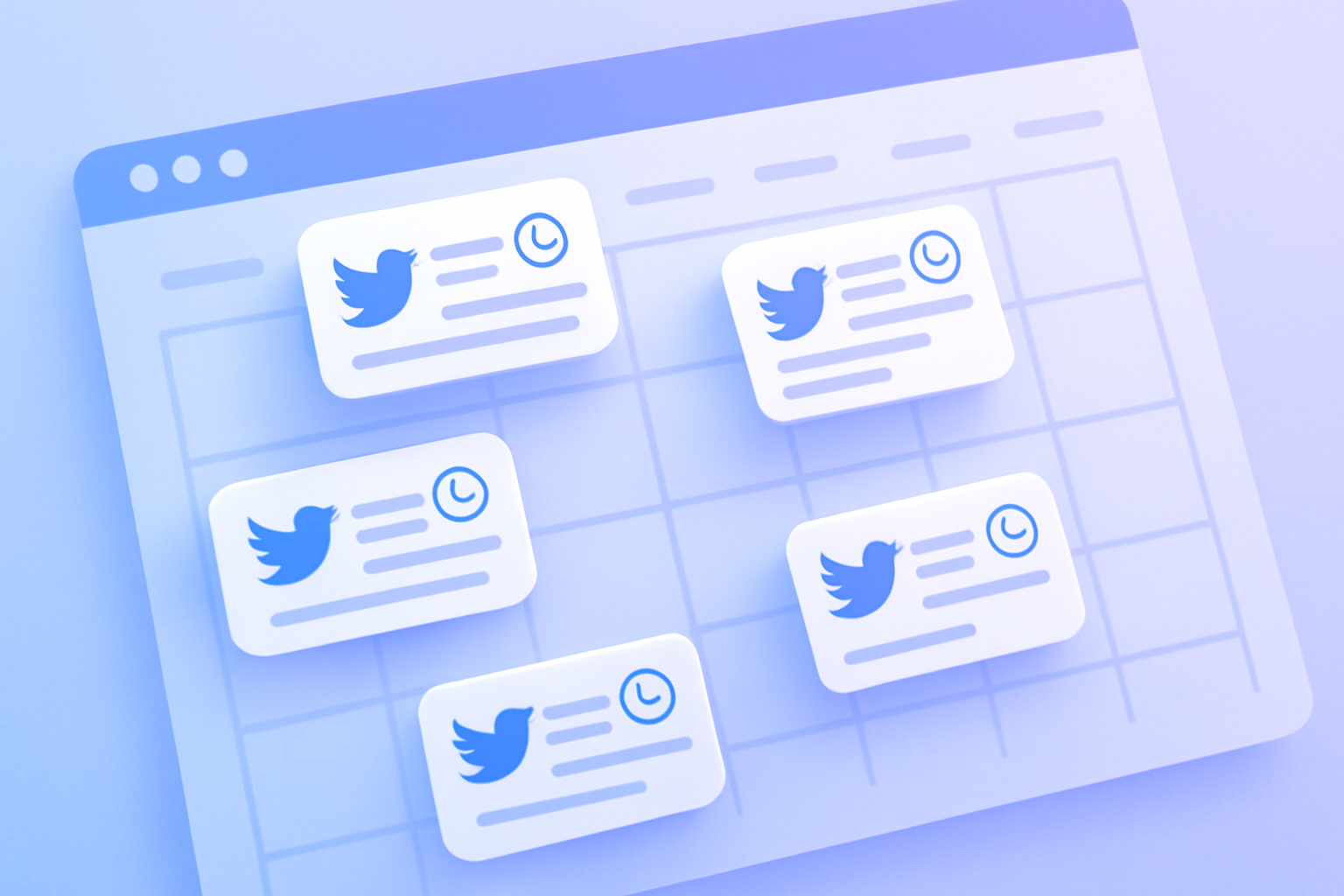 Calendar with scheduled tweet cards and clock indicators