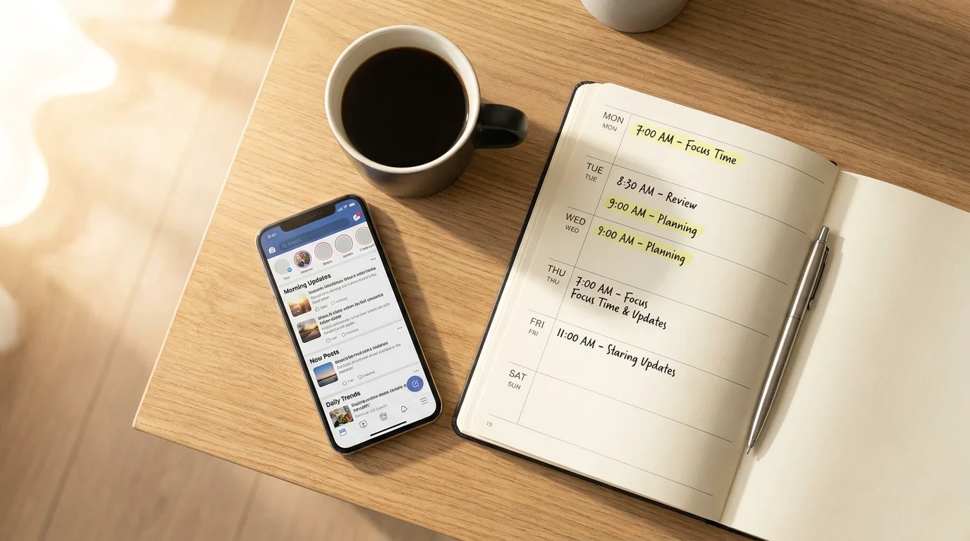 Minimalist desk with smartphone showing a social media feed and planner highlighting morning posting times