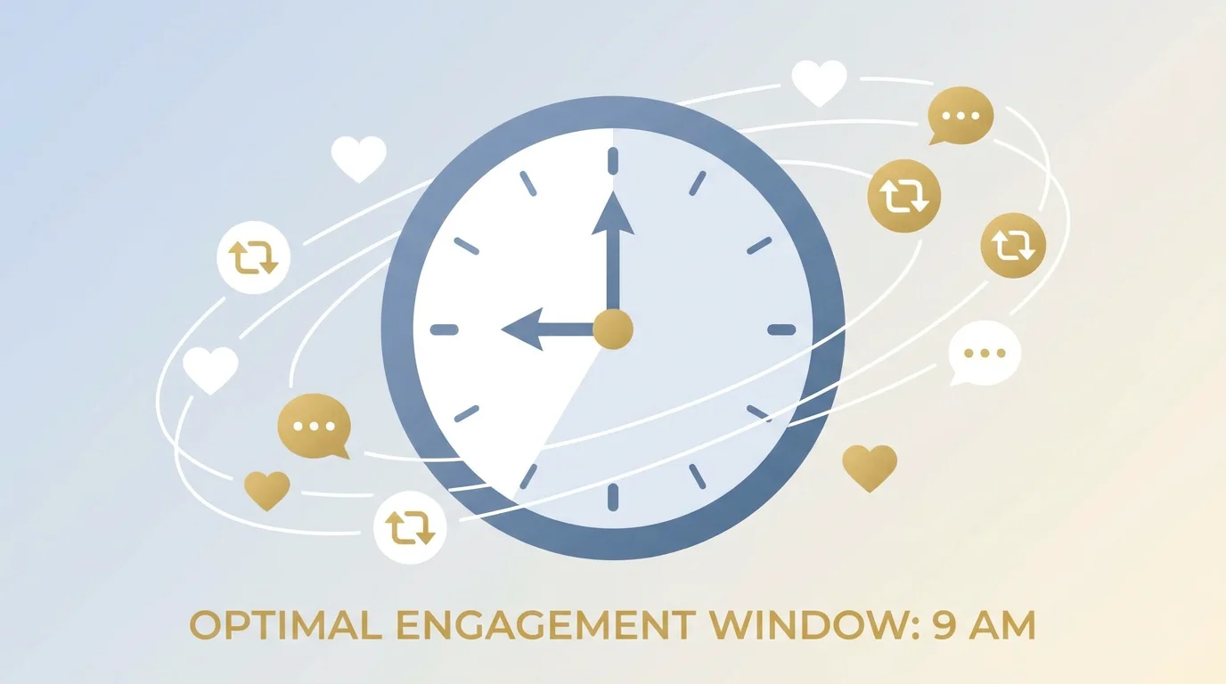 Illustration of a clock showing 9 AM surrounded by social media engagement icons representing optimal tweet timing