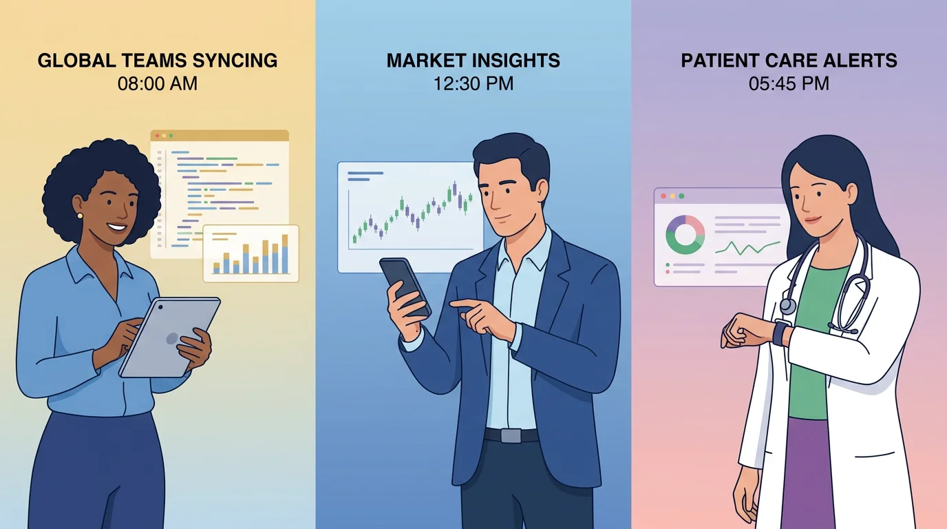 Illustration of professionals across industries checking phones at different times of day representing varied tweet timing by sector