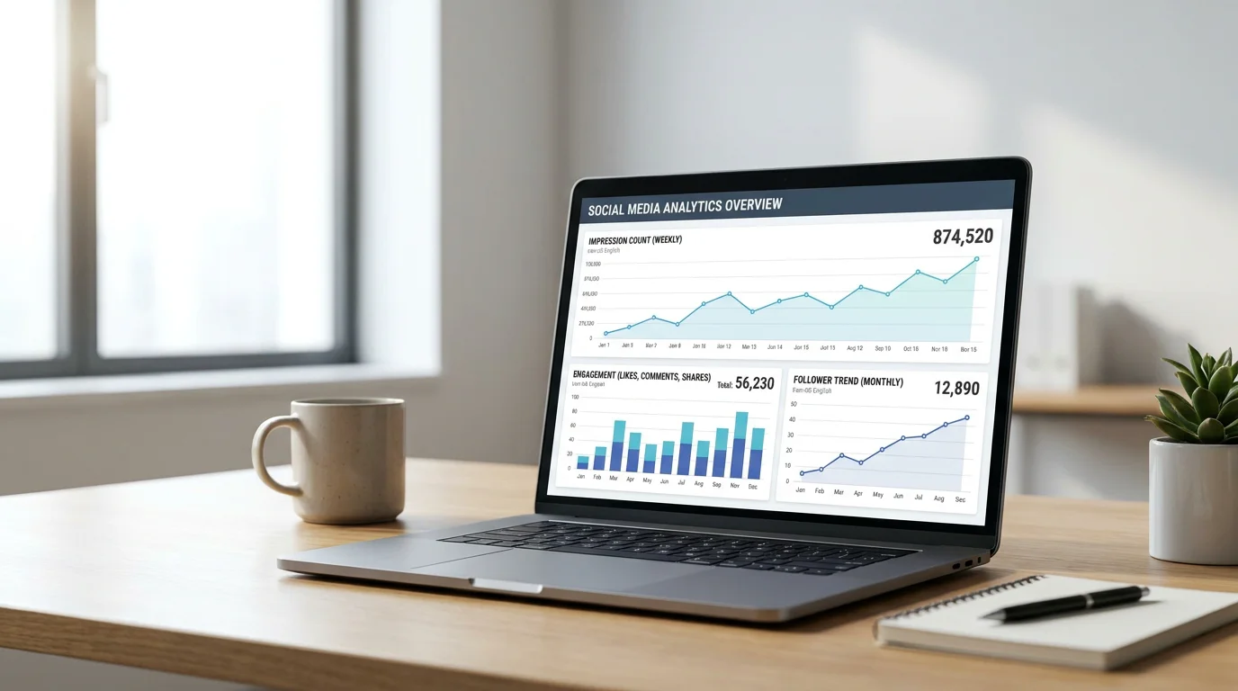 Laptop displaying a social media analytics dashboard with Twitter impression and engagement data