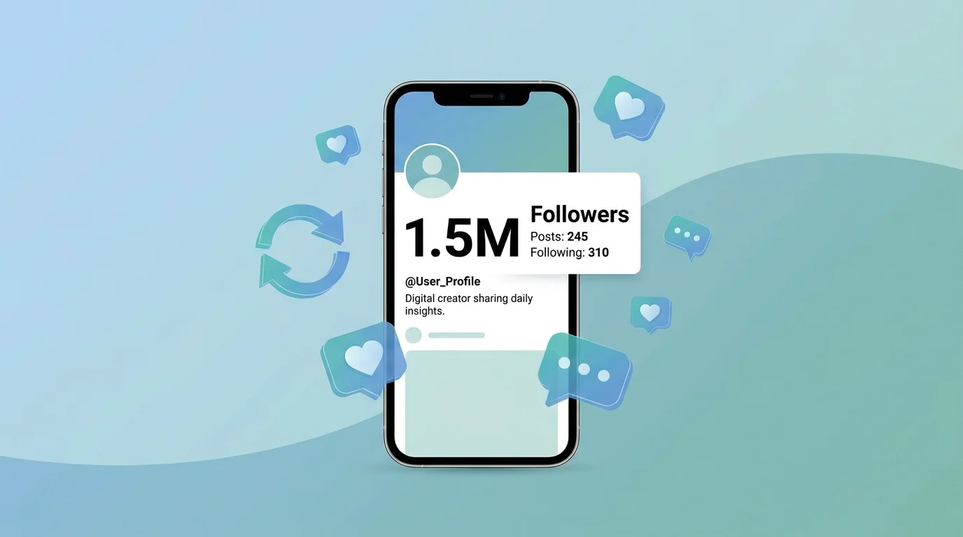 Smartphone showing a social media profile with follower count and floating engagement notification icons