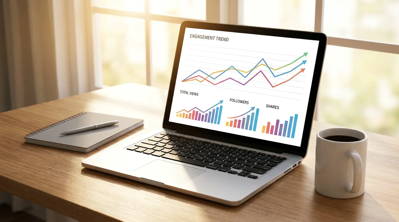 Laptop displaying social media analytics dashboard with engagement trend charts