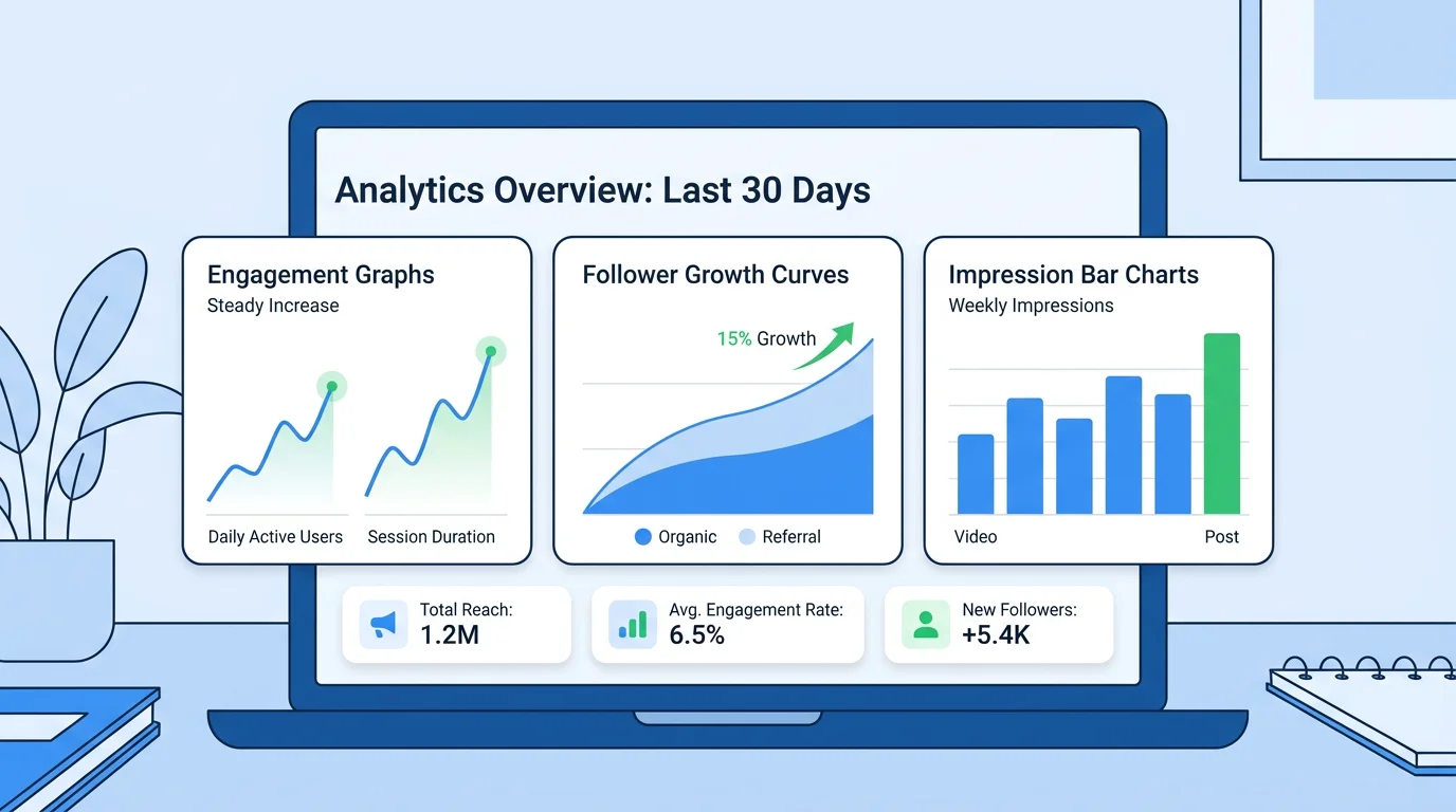 Analytics dashboard on a laptop displaying engagement graphs and follower growth metrics