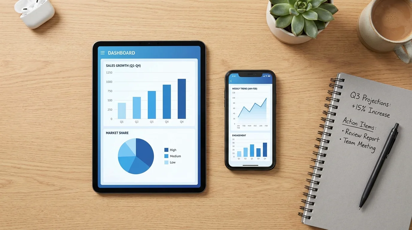 Tablet and smartphone on a desk displaying Twitter analytics charts and engagement data