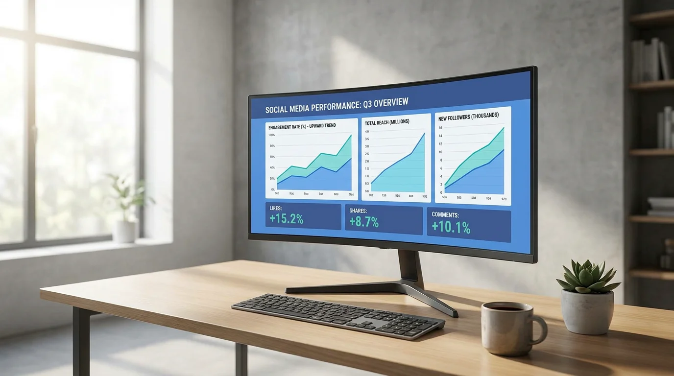 Modern workspace with monitor showing social media engagement analytics and growth metrics