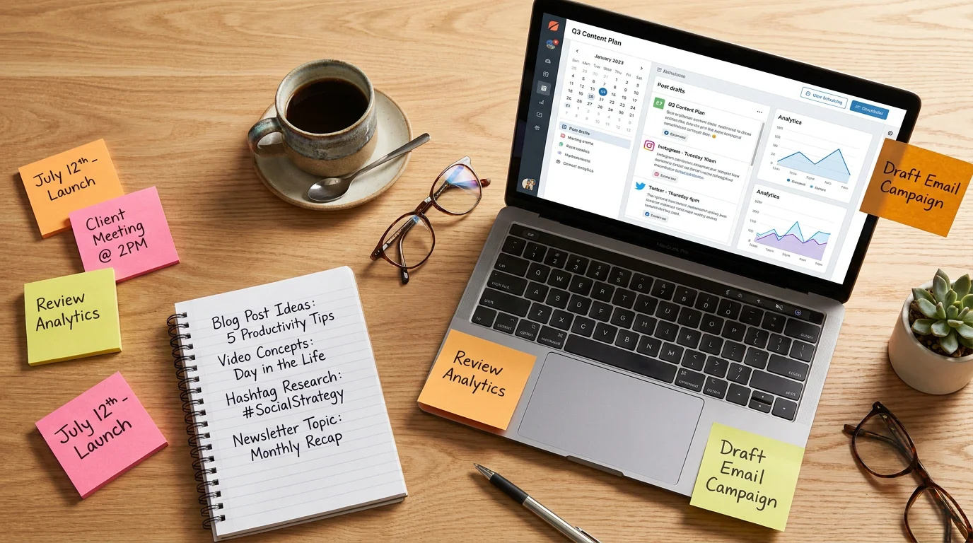 Content creator workspace with social media planning tools and notes