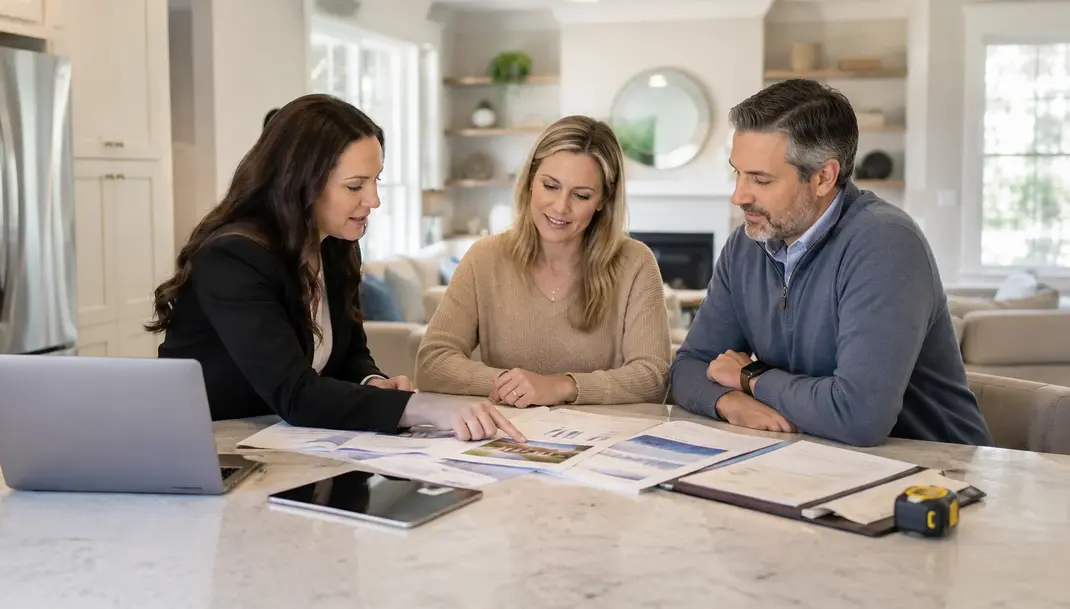 Couple discussing home buying and selling decisions with an advisor