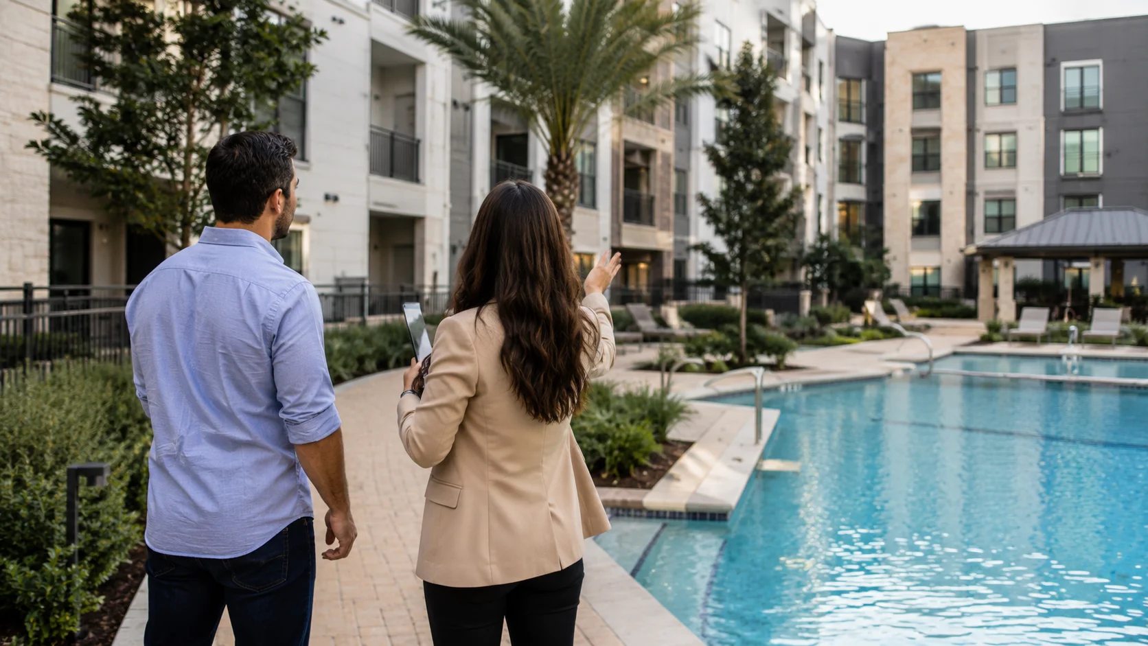 Renters exploring an apartment community during a property search