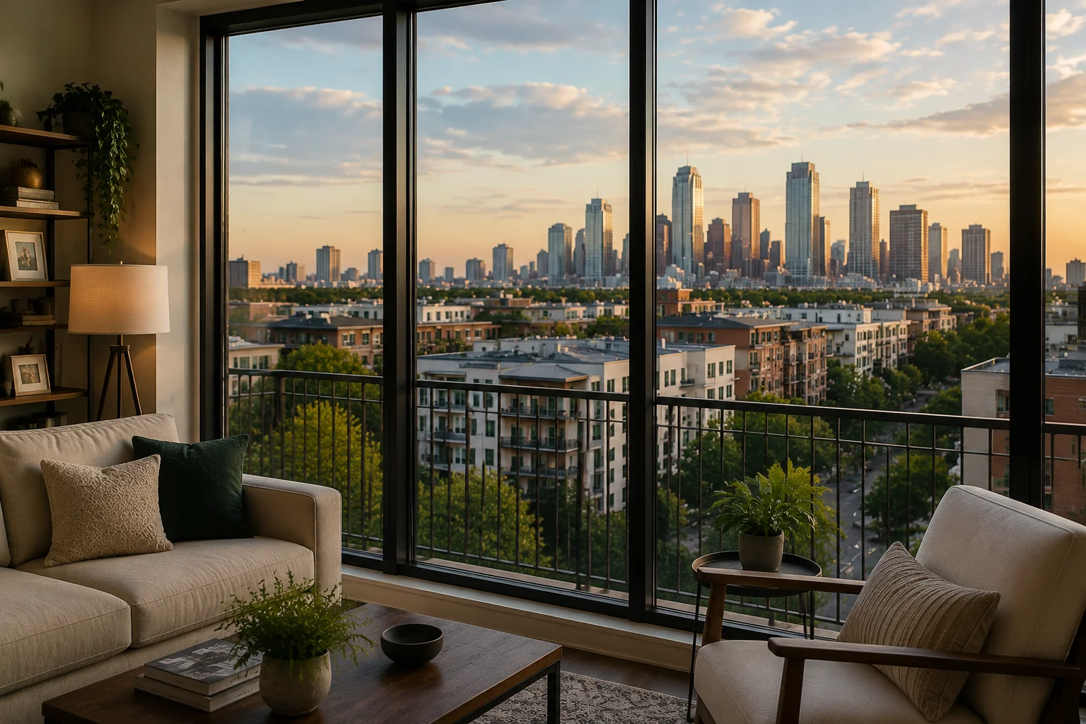 Modern apartment living space with a Houston city view
