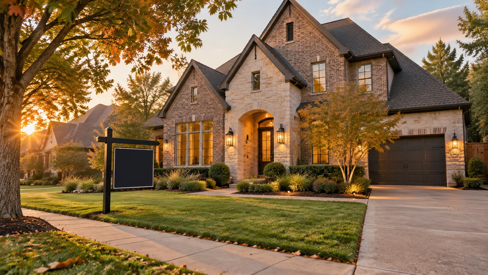 Dallas home for sale at dusk with a “sale pending” sign in the front yard