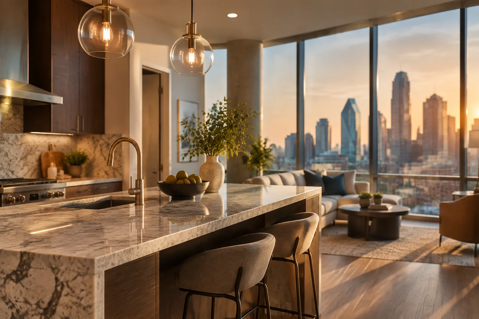 Modern luxury apartment interior with marble kitchen island, pendant lights, and Dallas skyline view through floor-to-ceiling windows